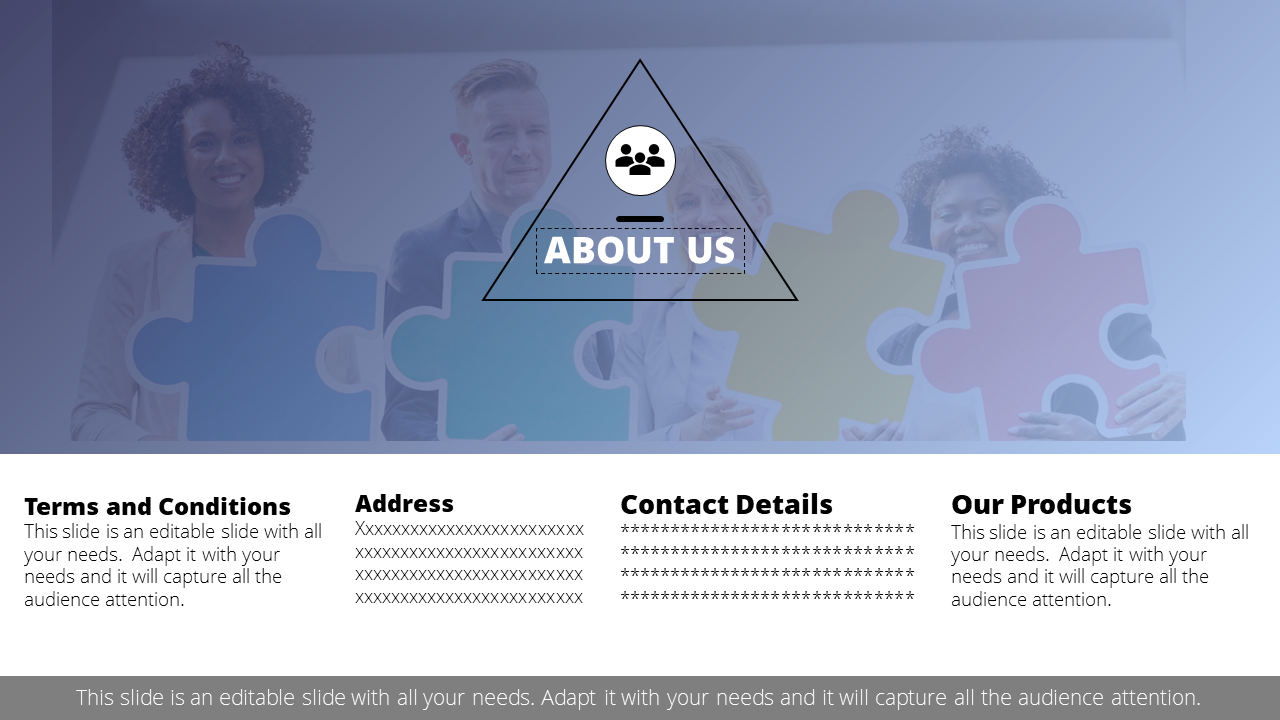 Team photograph with a central triangle about us icon and sections for terms, address, and product info.