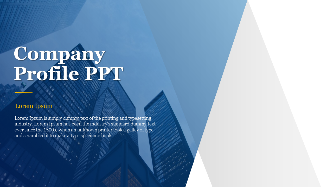 Company profile slide featuring a modern city skyline and blue geometric design elements with placeholder text.