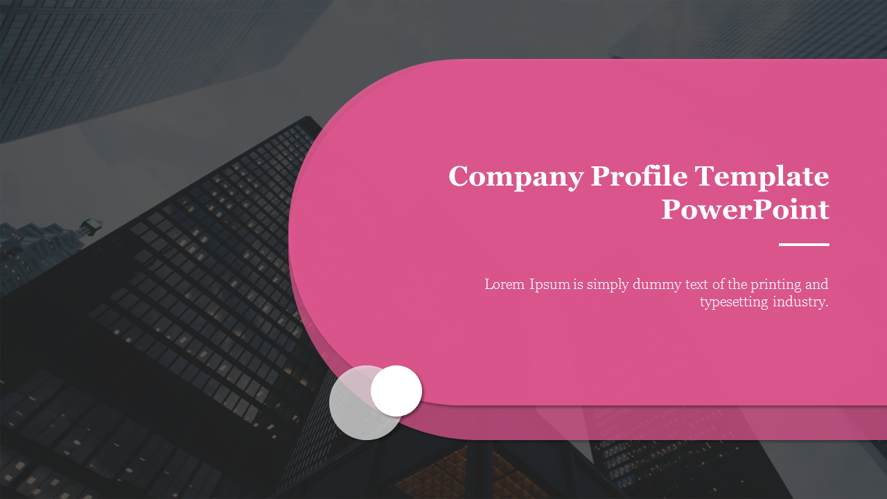 Company profile slide with a pink overlay on a dark cityscape background and white text for the title and description.