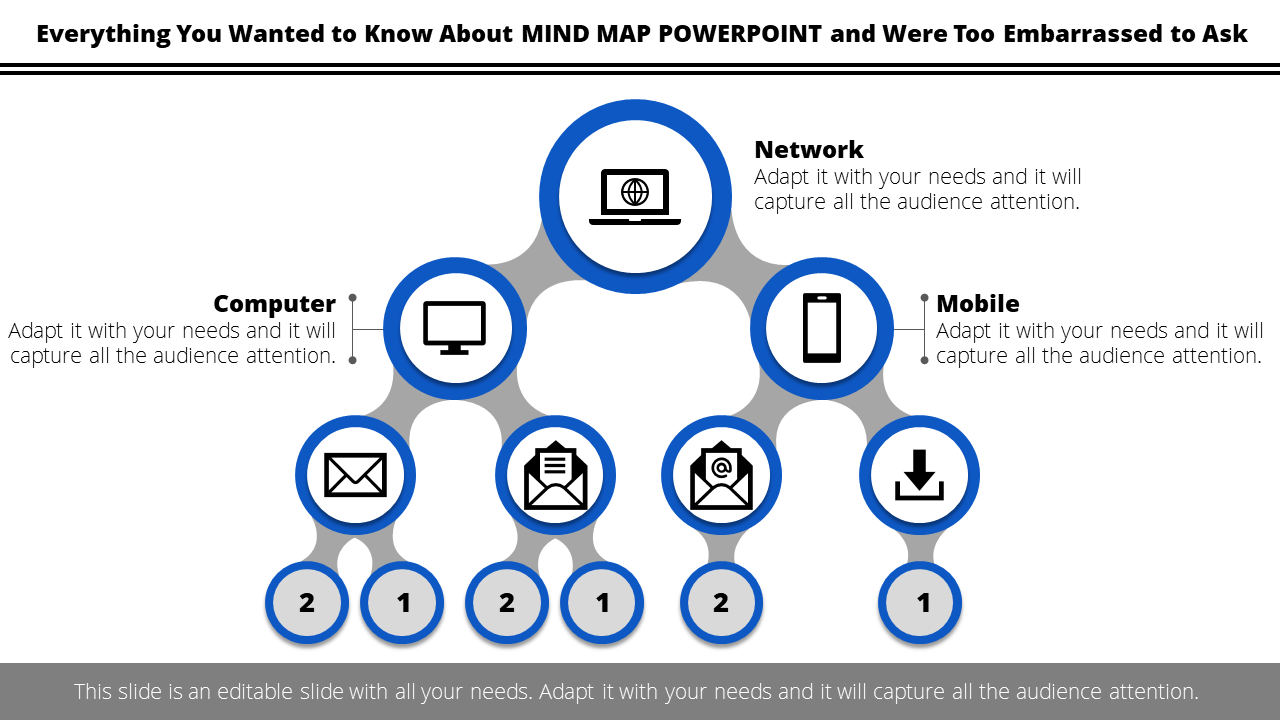 Central network icon surrounded by connected blue circles for computer, mobile, and additional elements.