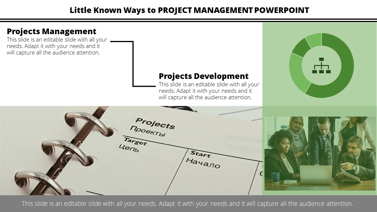 Project management slide with text, a green circular graphic, a planner page, and a team collaboration image.