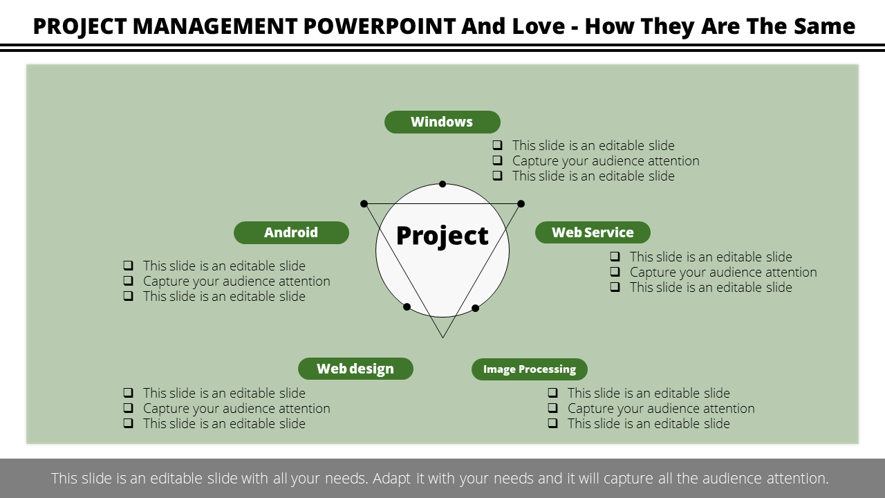 Infographic with a central triangle labeled project, branching out to five categories of tasks in green sections.