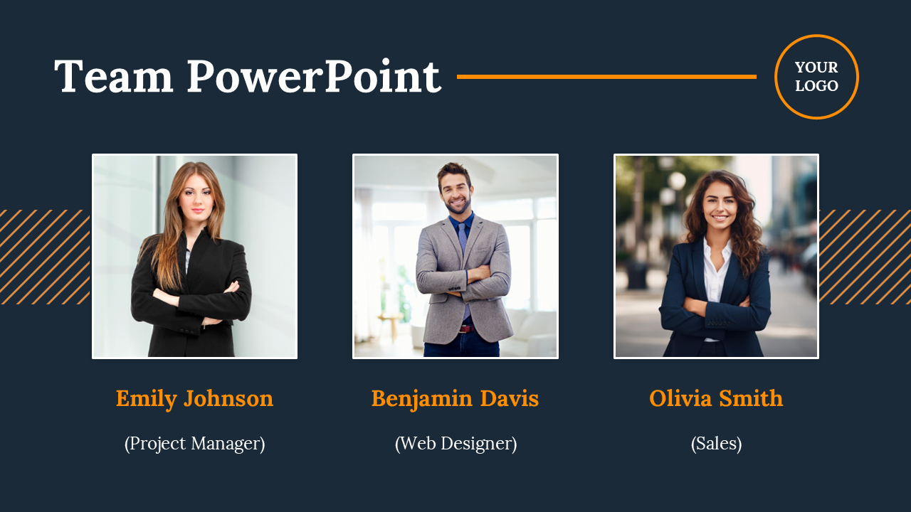 Team PowerPoint slide featuring three members Emily Johnson, Benjamin Davis, and Olivia Smith.