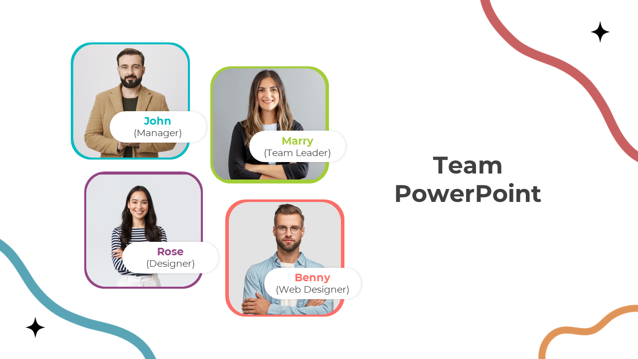 Professional team slide with colorful borders highlighting four team members and their roles in a clean design.