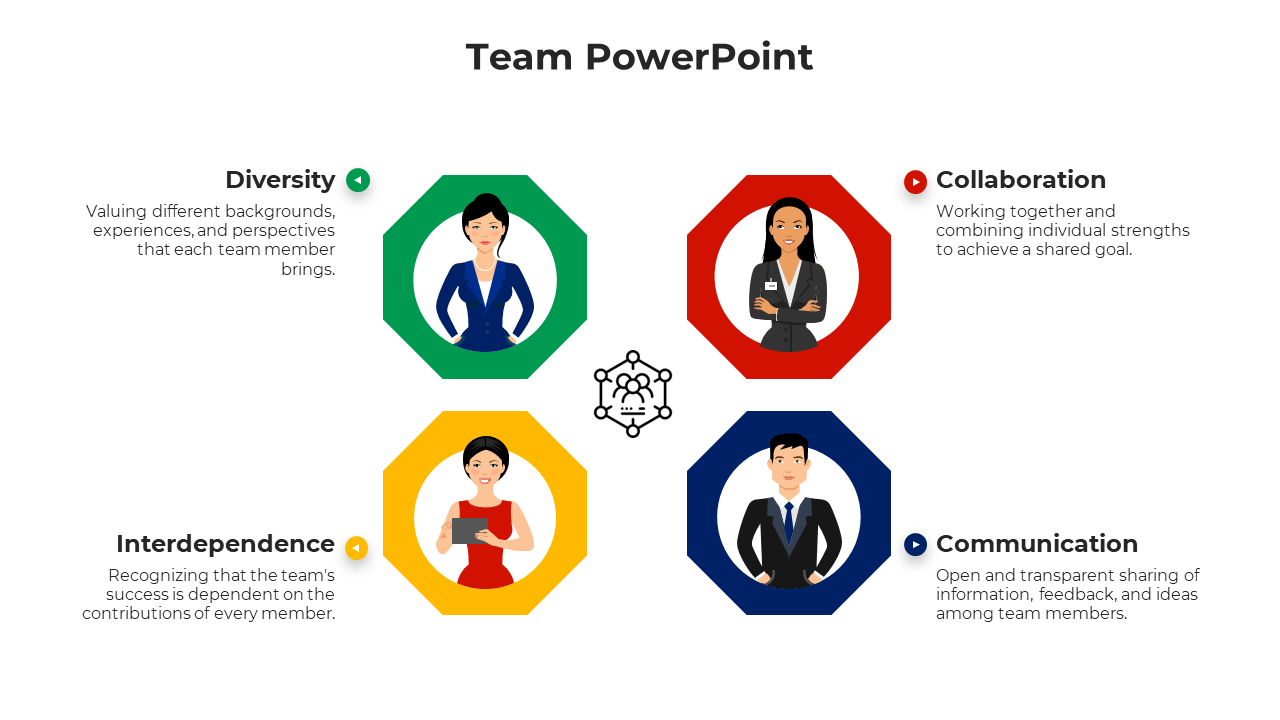 Four hexagonal icons in green, red, yellow, and blue with illustrated team members placed around a central graphic