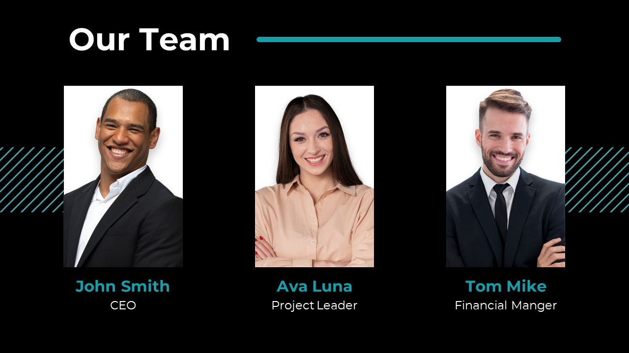 A simple team introduction slide with three team members, their names and designation placed in a dark background.