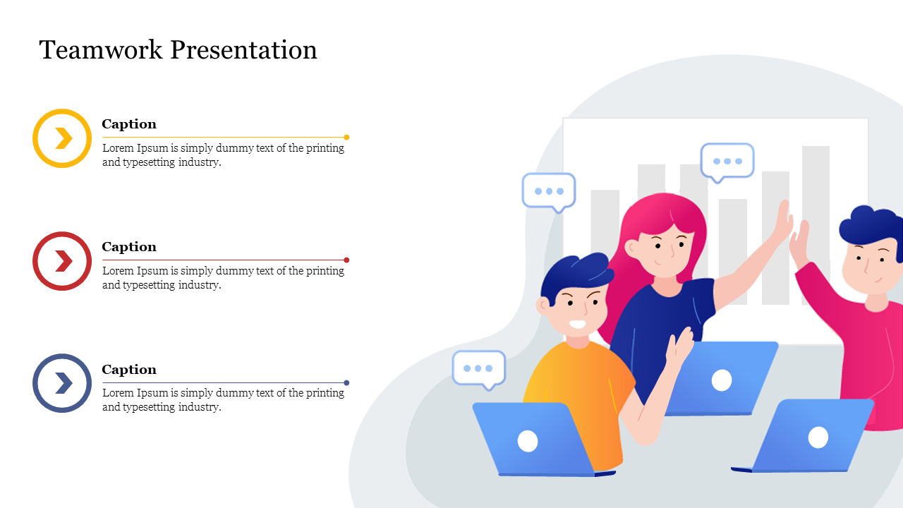 Slide showing teamwork celebration scene with characters using laptops, three colored arrows with captions areas.