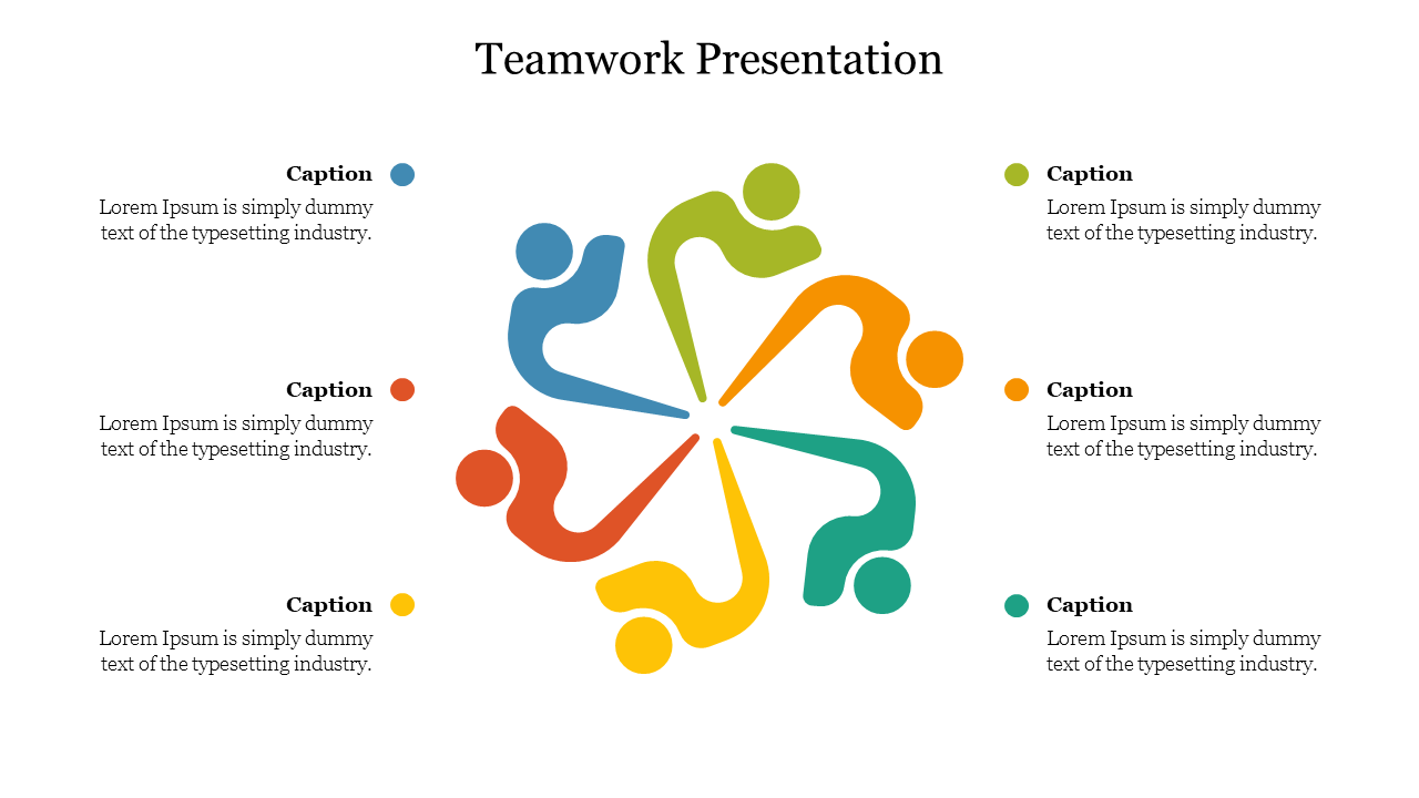 Circular teamwork infographic with six colorful abstract human icons forming a star shape around a center.