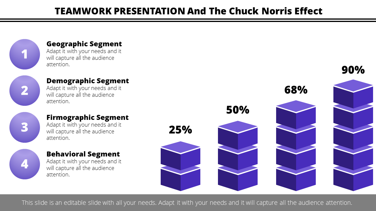 Design combining a four-point teamwork list with a 3D purple bar chart illustrating progressive percentages.