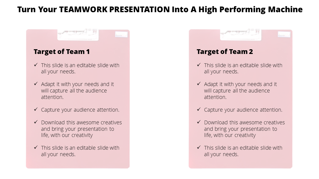 Teamwork presentation slide with two team targets, both featuring placeholder text and checklists.