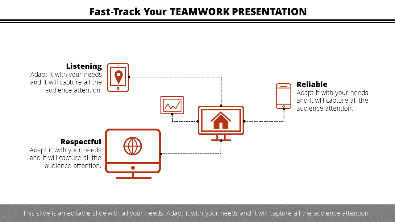 Teamwork template with a central monitor graphic and surrounding icons symbolizing collaboration and communication.