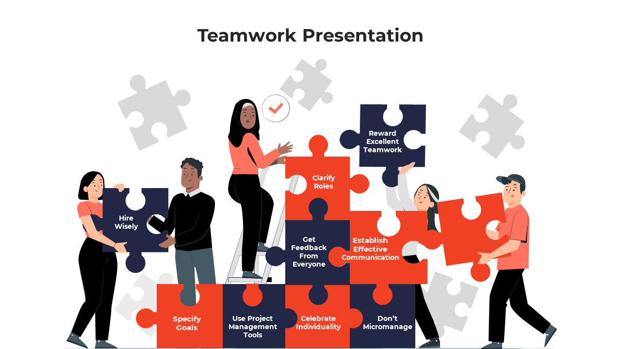 Illustration of a diverse team collaboratively stacking red and blue puzzle pieces, showcasing teamwork strategies.