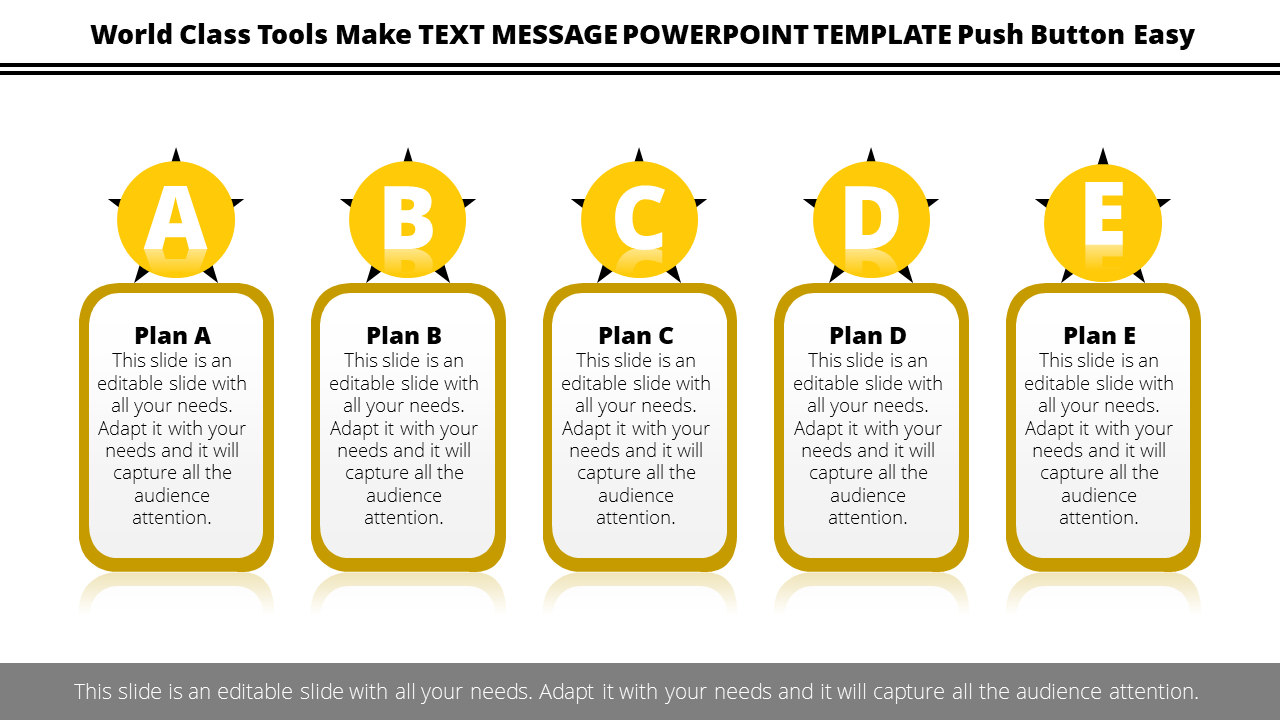 Slide with five sections labeled A to E, each with a circular icon and corresponding plan details in yellow and white.