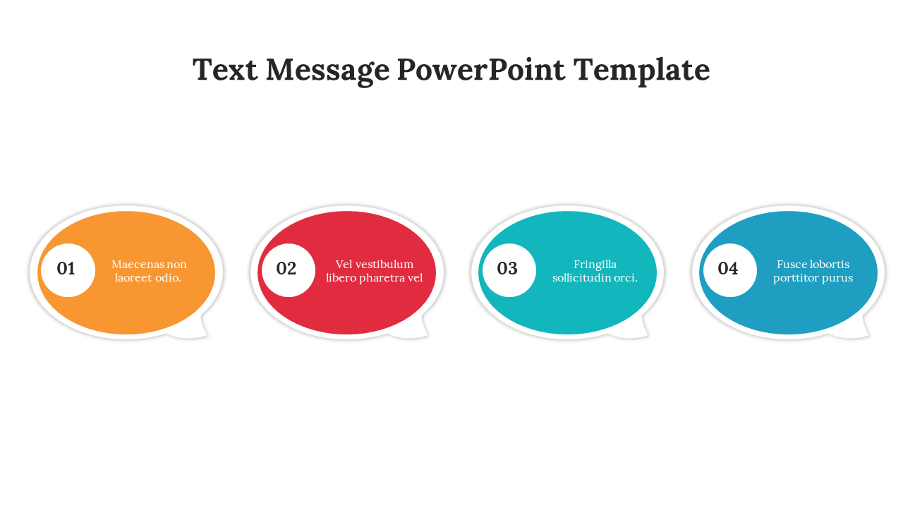 Text messaging themed slide design with colorful speech bubbles for displaying sequential content or messages.