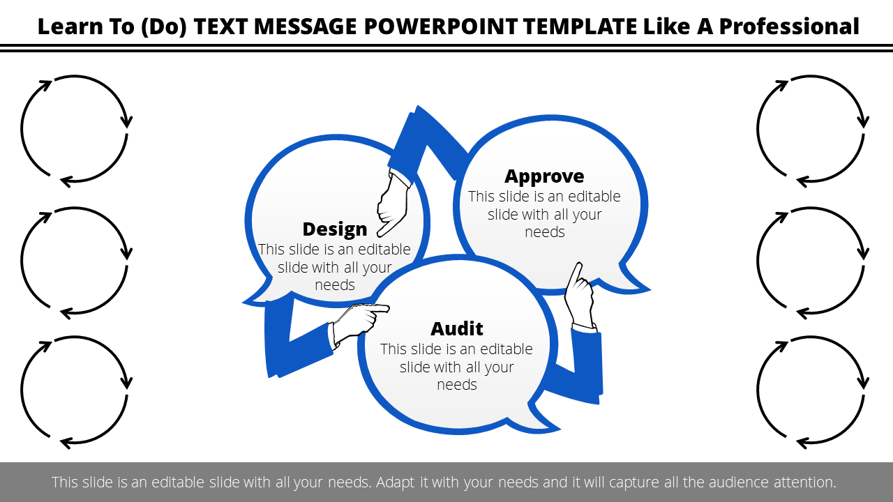 Text message slide featuring three blue speech bubbles labeled Design, Approve, and Audit, held by hand illustrations.