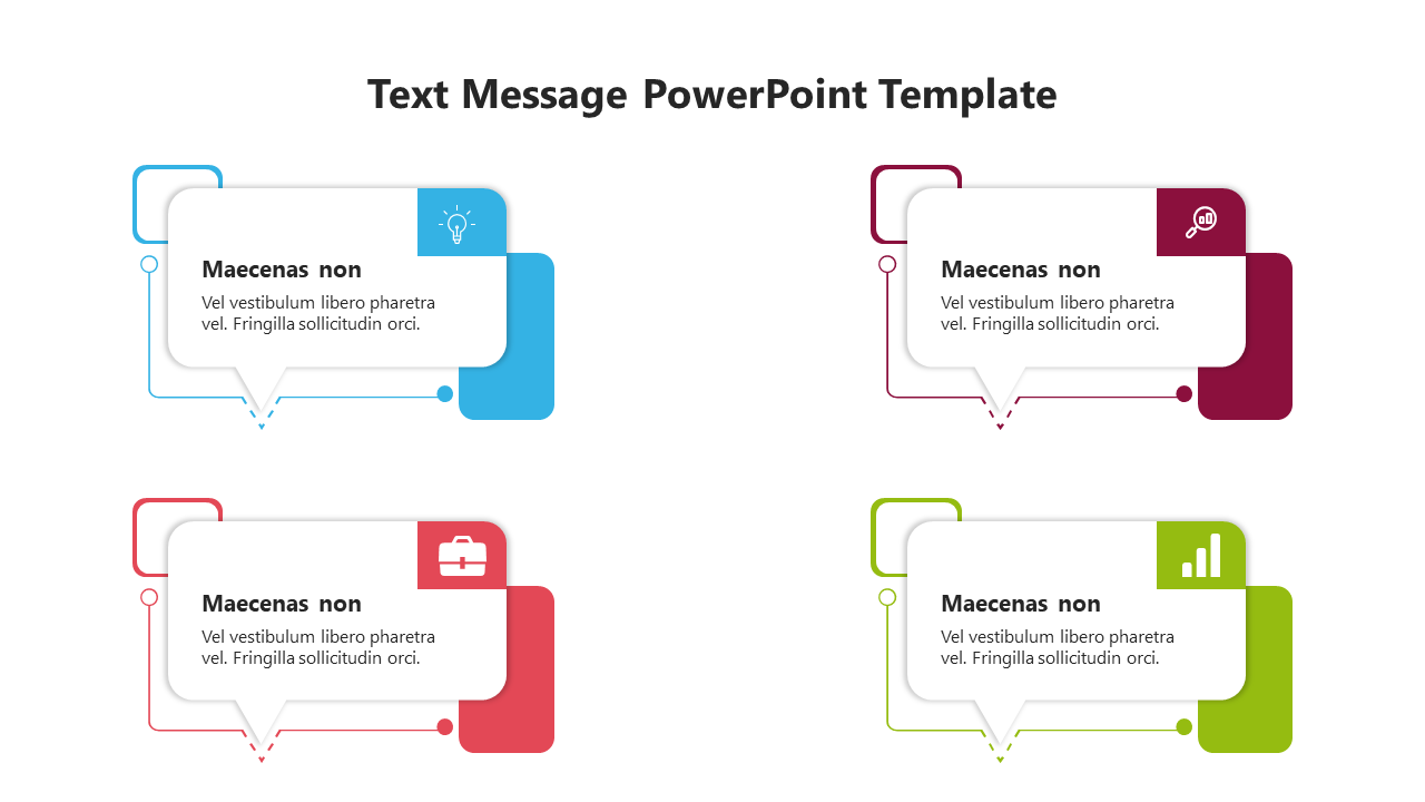 Text message themed slide featuring speech bubble graphics with distinct icons and colors for business communication.