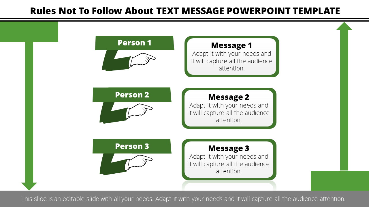 PowerPoint slide with three people pointing at different text messages with content.