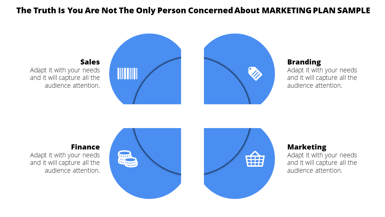 Split blue circle with four sections, each featuring icons and labels for sales, branding, finance, and marketing.