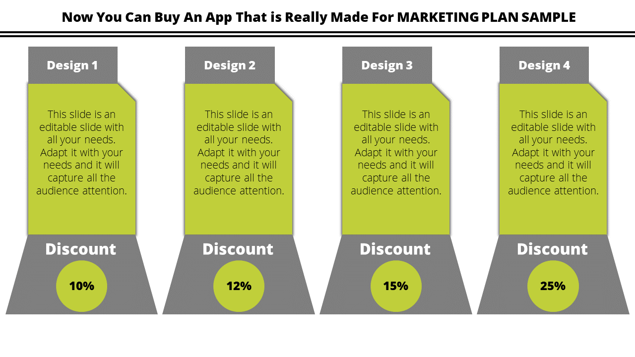 Four columns labeled 1 to 4, featuring green boxes with text and gray sections showing discount percentages.