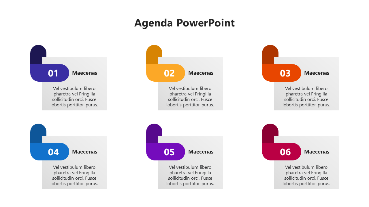 Agenda slide featuring six numbered blocks in various colors, arranged in two rows, each with placeholder text.