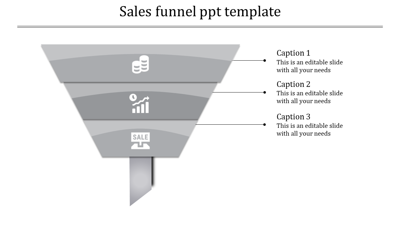 Minimalist sales funnel diagram illustrating the sales process with three sections, highlighted by relevant icons.