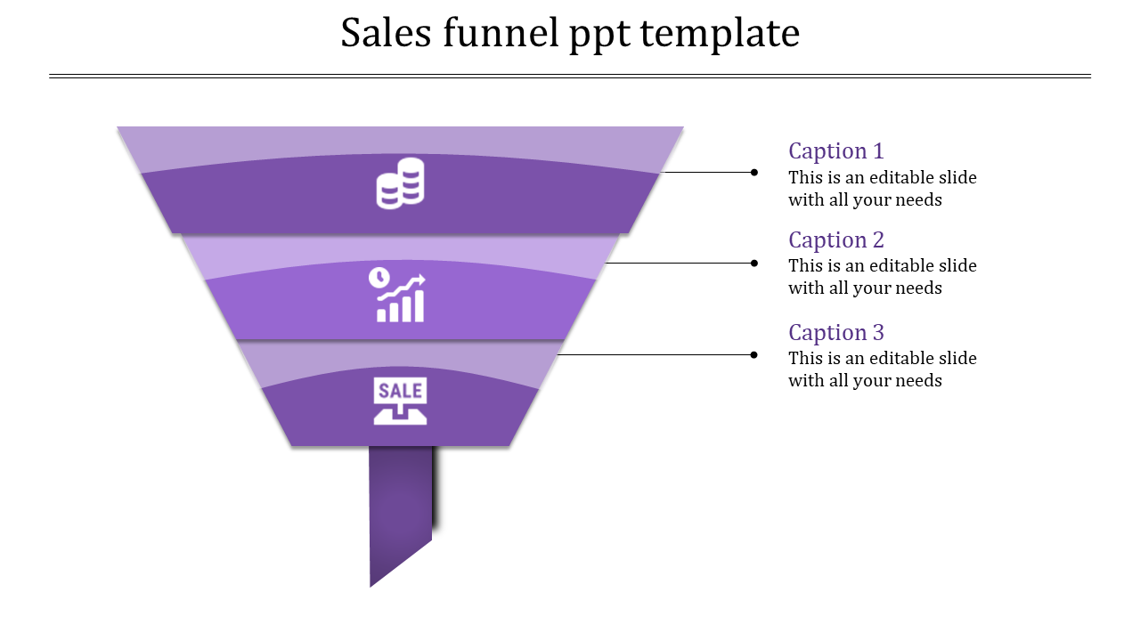 Purple gradient sales funnel with icons for monetary input, growth analysis, and sales output, with captions areas.