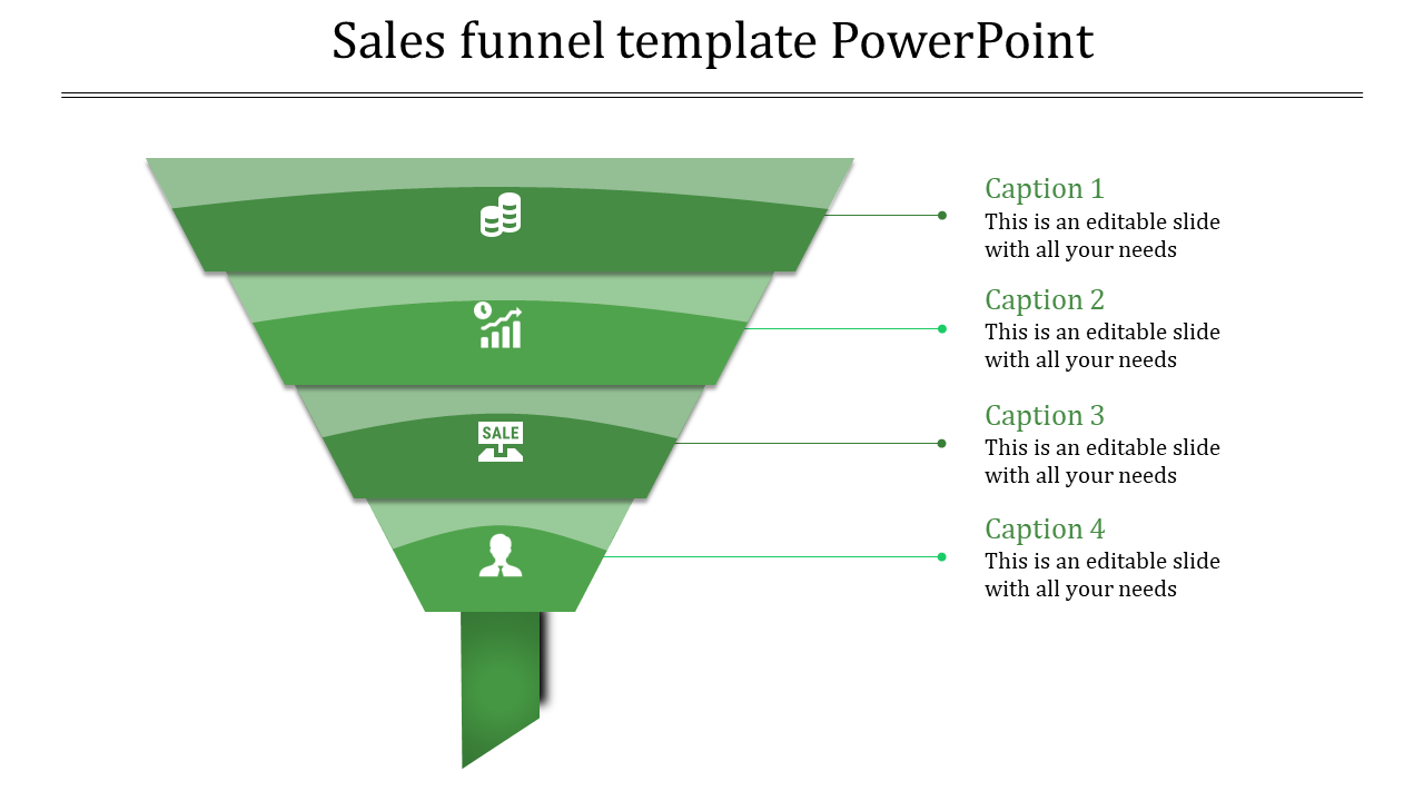 Sales funnel diagram with green segments, each displaying icons like revenue, performance, sales, and customer data,