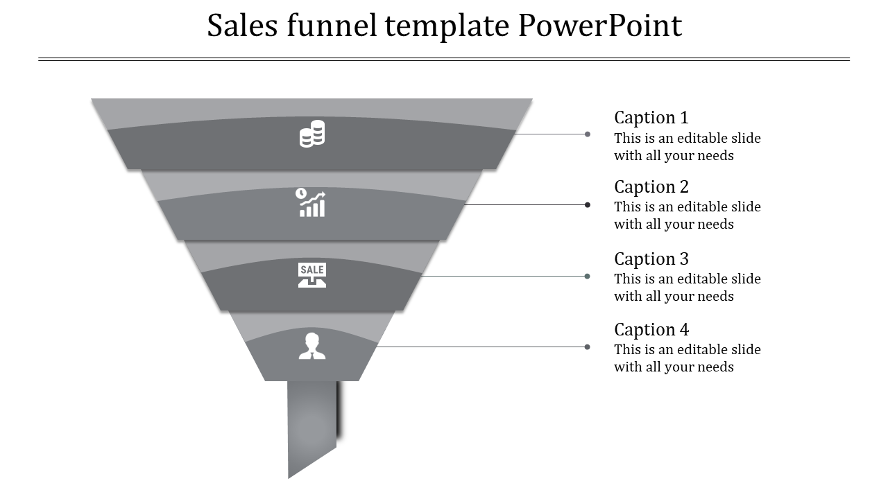 Gray funnel with four descending layers, each containing an icon, aligned with captions on the right side.