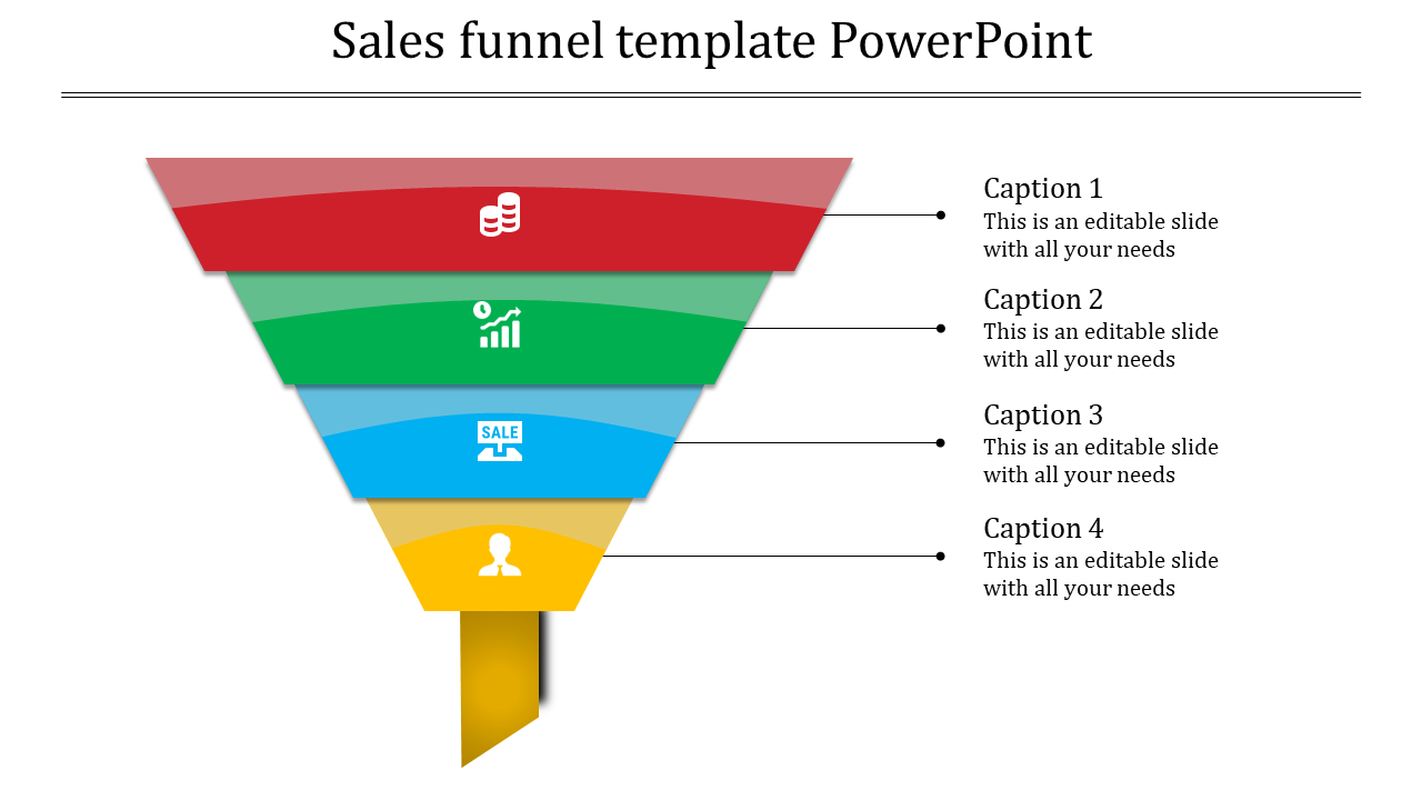 Colorful sales funnel PowerPoint template with four stages, each labeled with an icon and captions on the right.