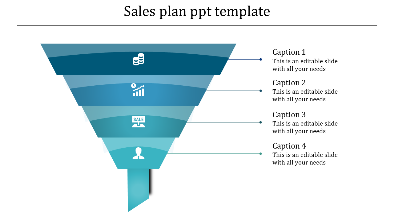 Funnel shaped diagram with four levels in gradient blue tones, illustrating sales stages with text and icons.