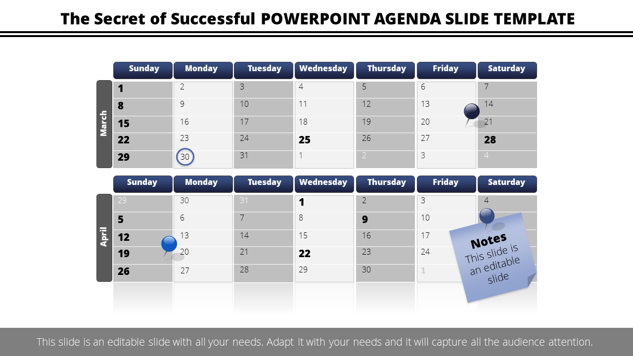 Calendar agenda template with highlighted dates in March and April, including a blue sticky note for additional notes.