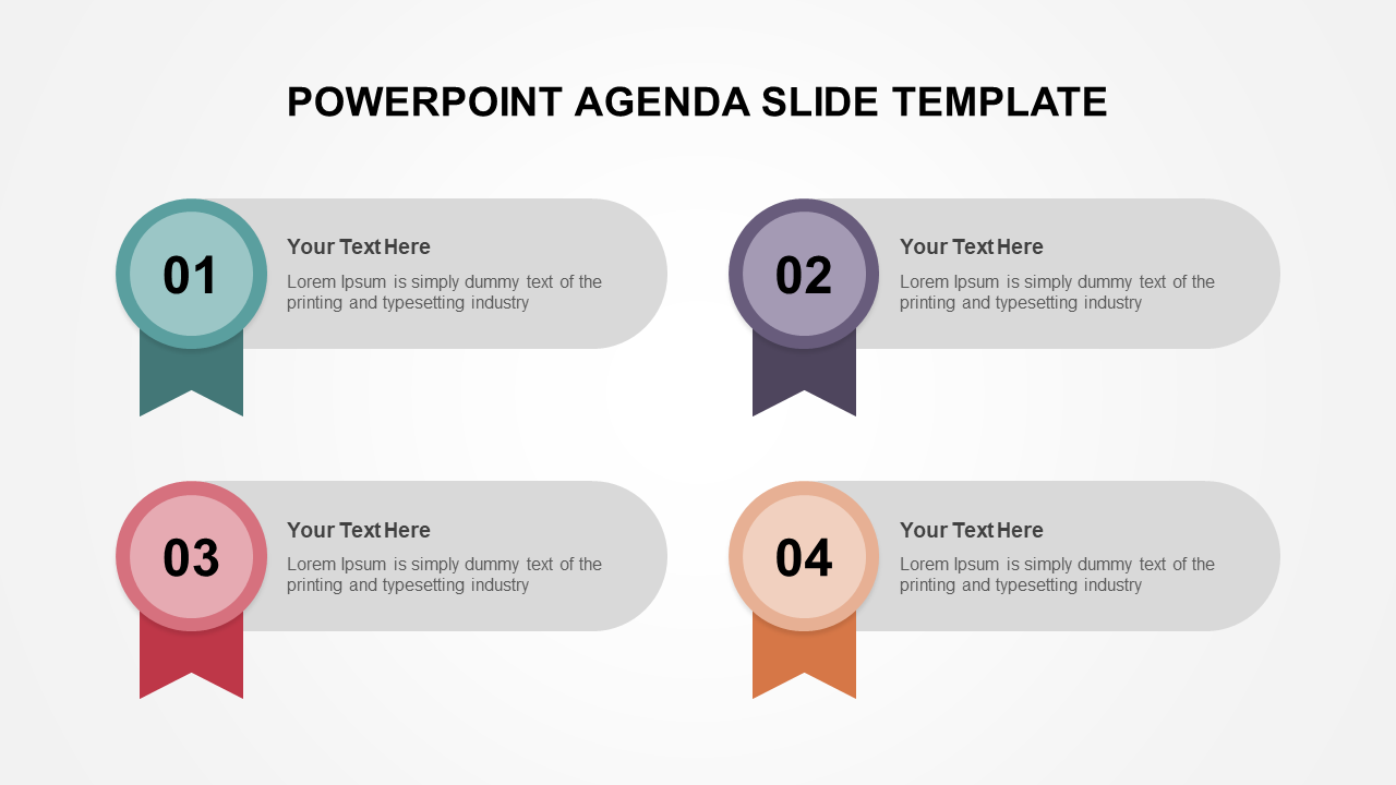 Slide layout featuring four agenda points, each with a circular number and ribbon in green, purple, red, and orange.