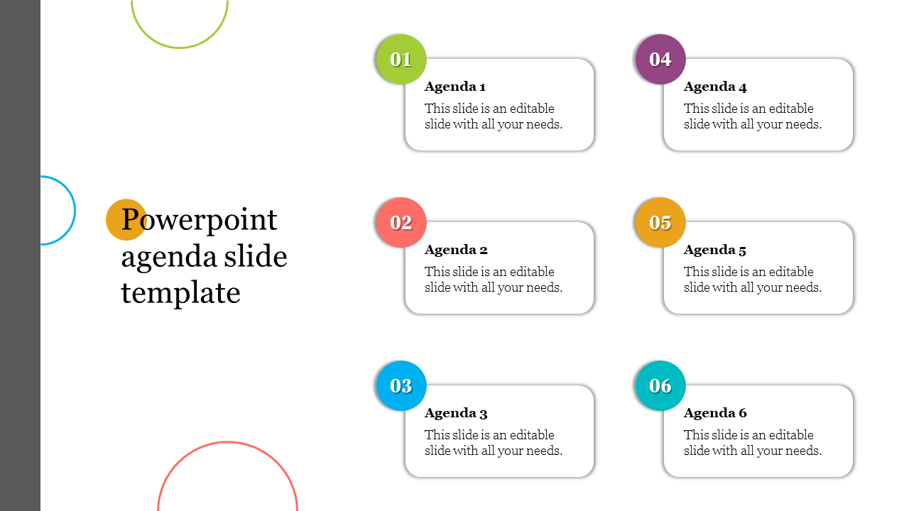 An agenda slide showing six numbered items, each in a rounded text box with vibrant circle markers.