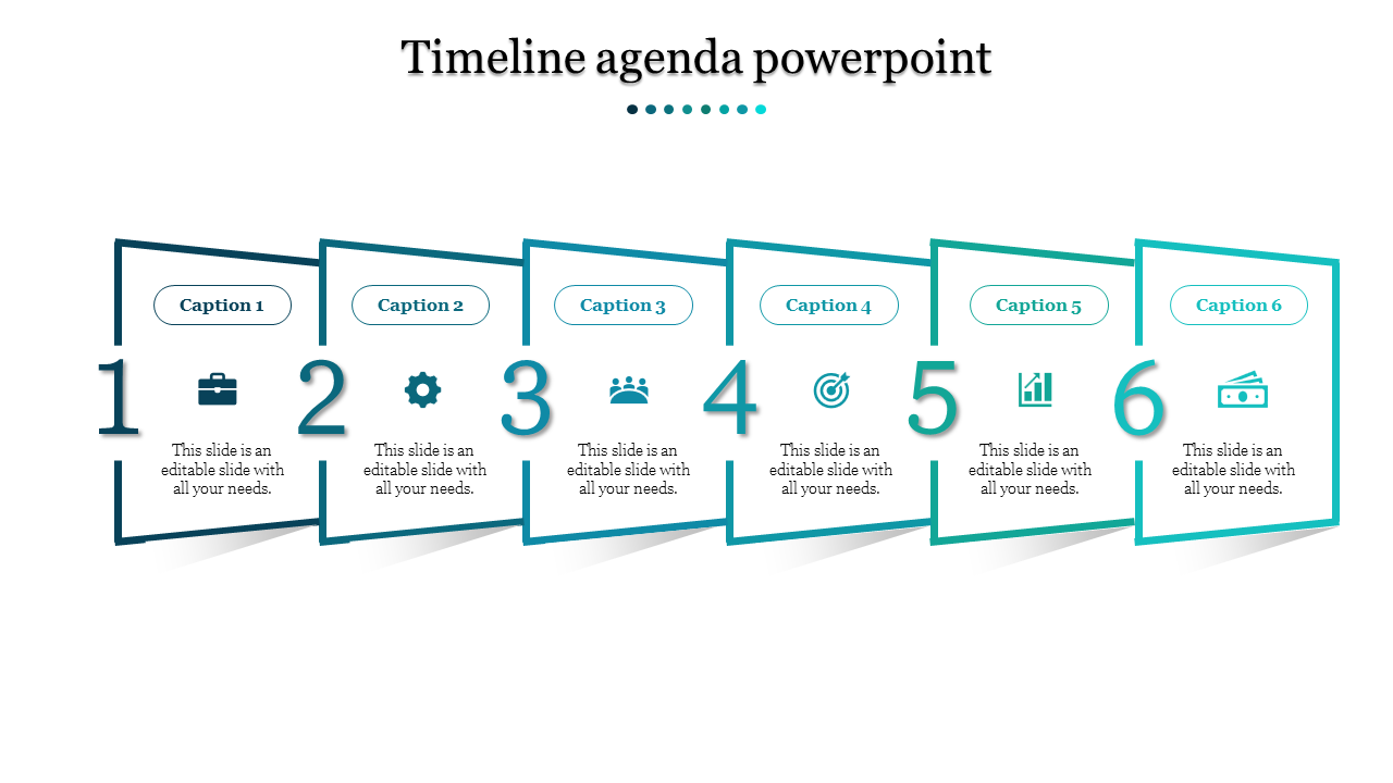 Timeline with six teal framed boxes in a row, each numbered 1 to 6, each with icons and captions inside.