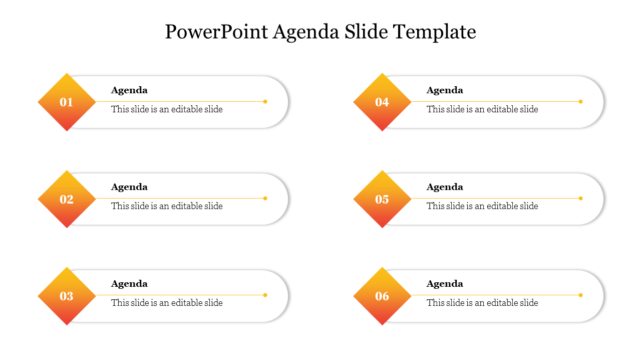 Six-step agenda template with numbered orange diamond shapes connected to horizontal text boxes.