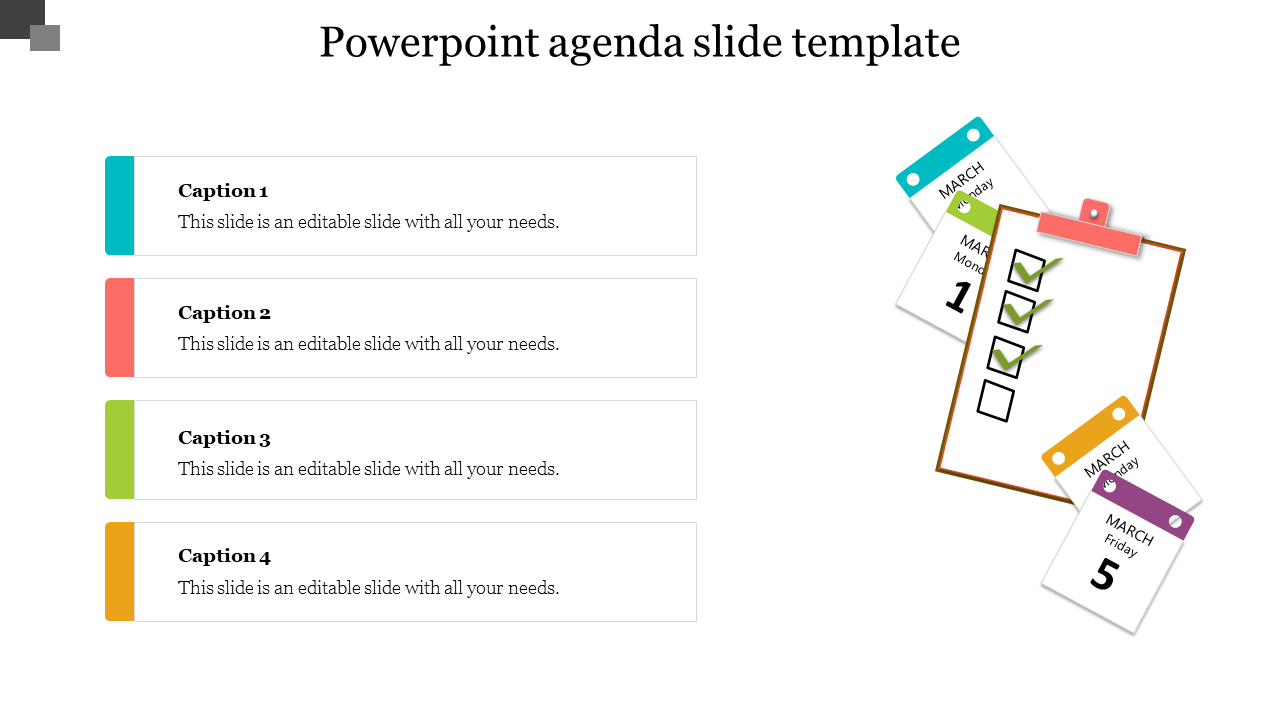 Agenda layout with multicolored captions and a checklist board featuring green checkmarks and calendar tags.