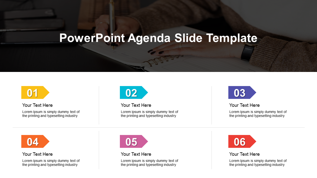 Agenda slide with six sections for text, each containing a colorful arrow icon, over a photo of handwriting on a notebook.