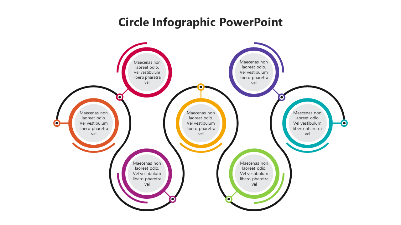 Colorful circular infographic with seven interconnected circles in a wavy pattern, each containing placeholder text.