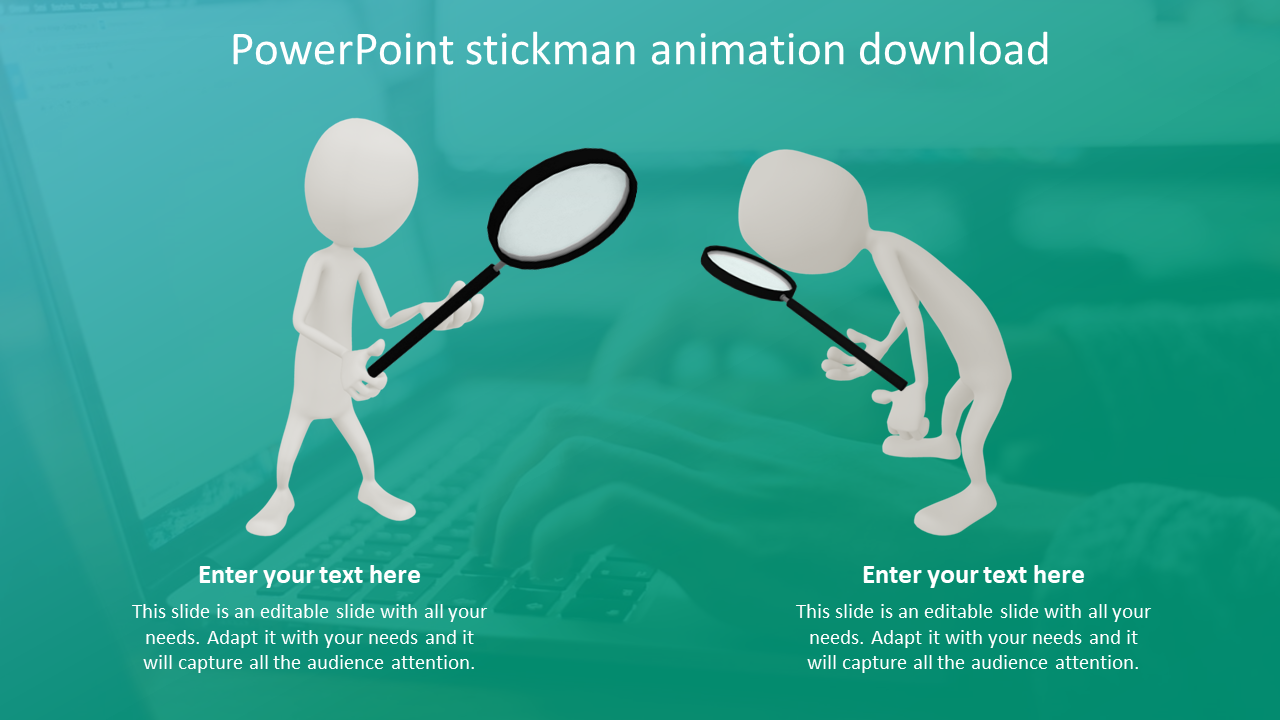 Illustrative PowerPoint slide showing two stickmen with magnifying glasses for a fun animation theme.