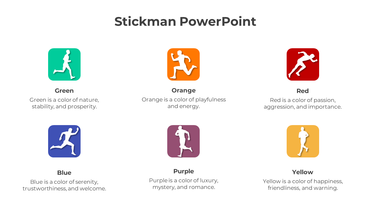 Stickman slide with colorful icons representing different colors from green to yellow along with descriptions.