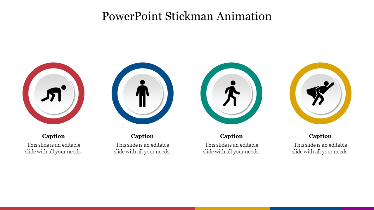 Slide with four stickman icons in colored circles showing different actions each with caption areas.