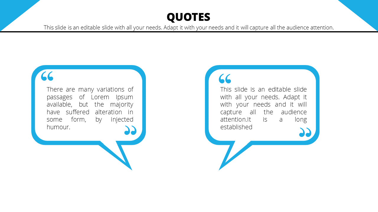 Quote template with two blue text bubbles, one on the left and one on the right, for content.