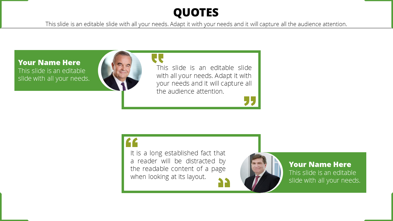 Green quote template with two rectangular speech boxes, each containing placeholder text and circular profile images.