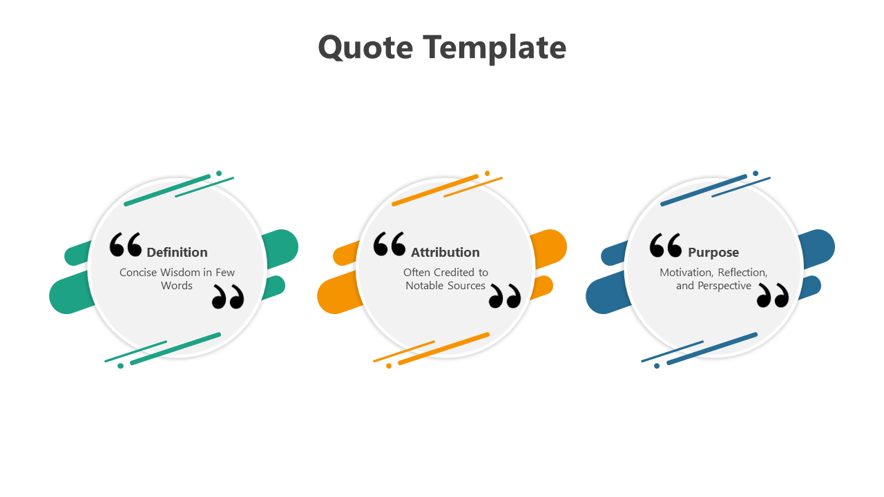 Three circular quote boxes with teal, orange, and blue accents, aligned in a row, against a white background.