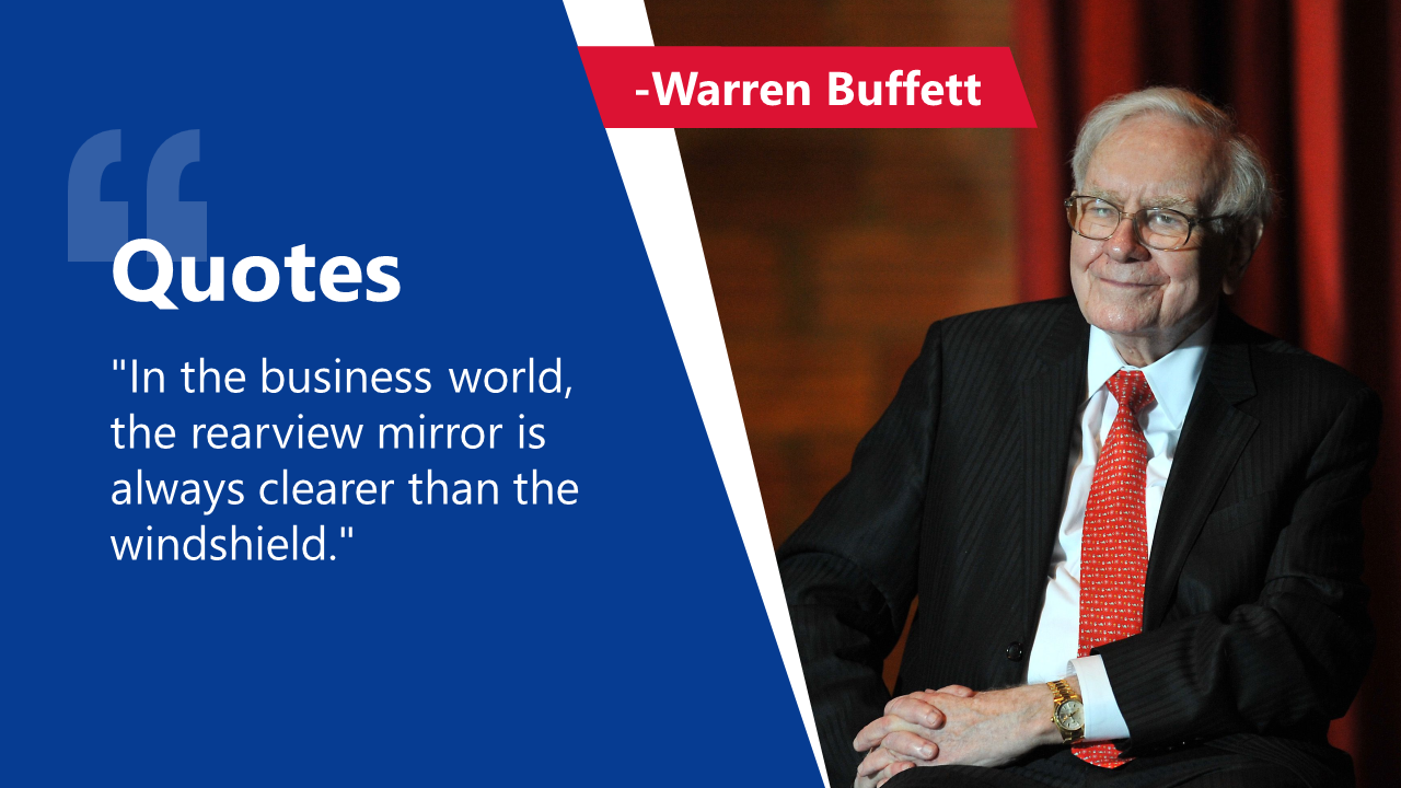 Business quote slide with Warren Buffett's photo on the right and a bold quote in white text on a blue panel.