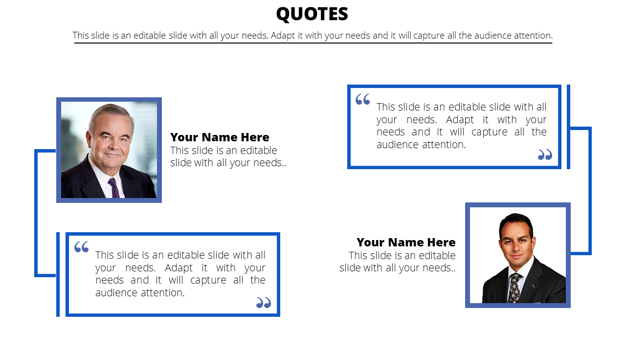 Quotes layout featuring two portrait photos, blue framed text boxes, and connectors on a white background.