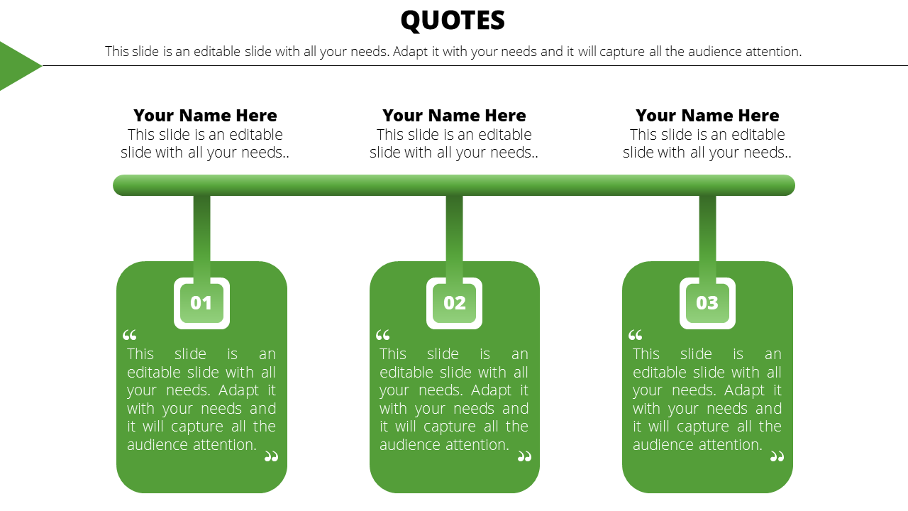 A PowerPoint slide designed for quotes, featuring three text sections all arranged in a green linear format box.