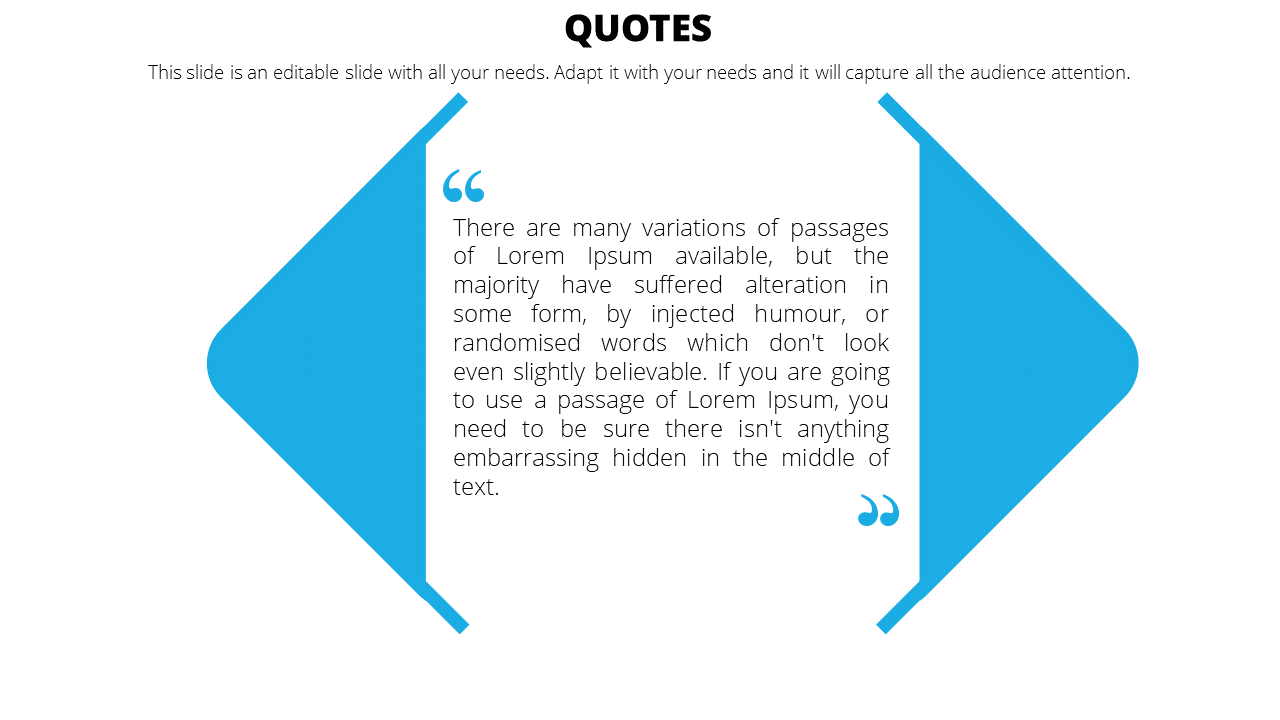 Quote layout with blue arrows on both sides, framing a block of placeholder text and quotation marks.