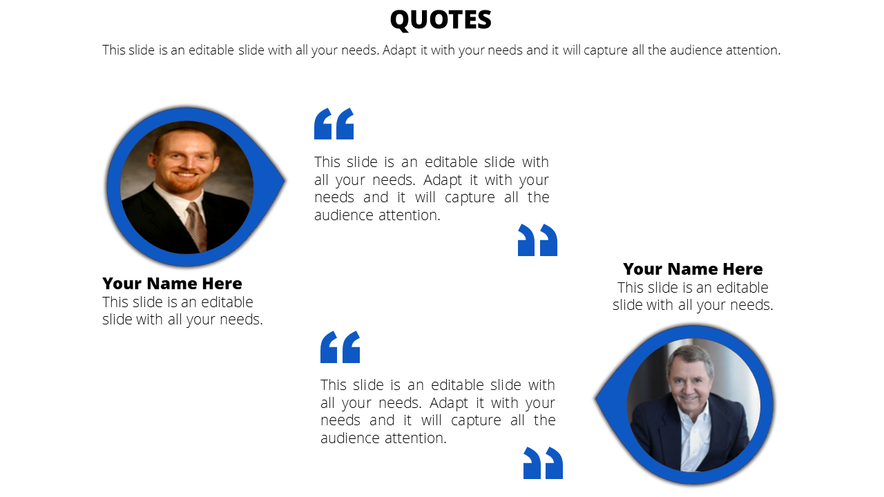 Quotes slide featuring two images inside blue-bordered circles, placeholders for quotes, and name captions.