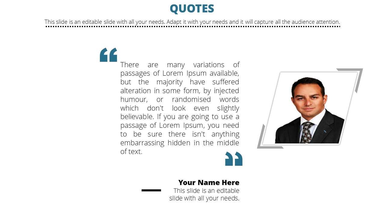 Quote template with a block of text on the left, a photo placeholder on the right, and name space below.